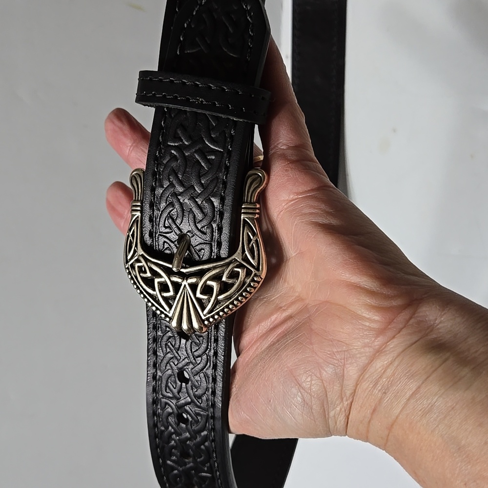 Black Leather Men's+Women's Western Embossed Belt Custom Handmade Diablo Buckle